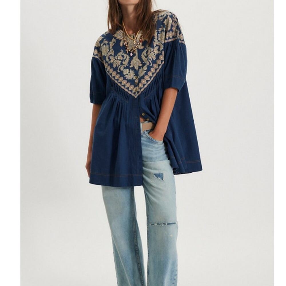 NEW Free People Orson Indigo Combo Blue Button Front Cotton Printed Mini Dress